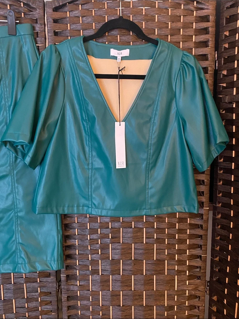 NSR Emerald Green Faux Leather Two-Piece Set - Women's Pencil Skirt & Top SZ M